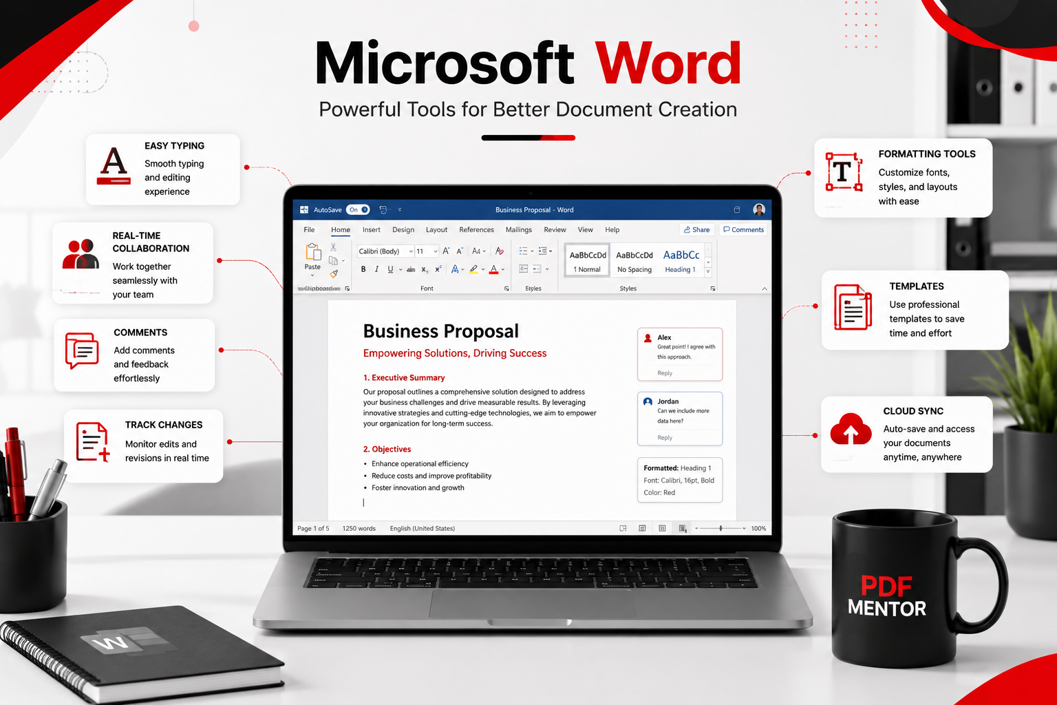 Illustration showing Microsoft Word features including editing, collaboration, formatting, templates, and cloud synchronization.