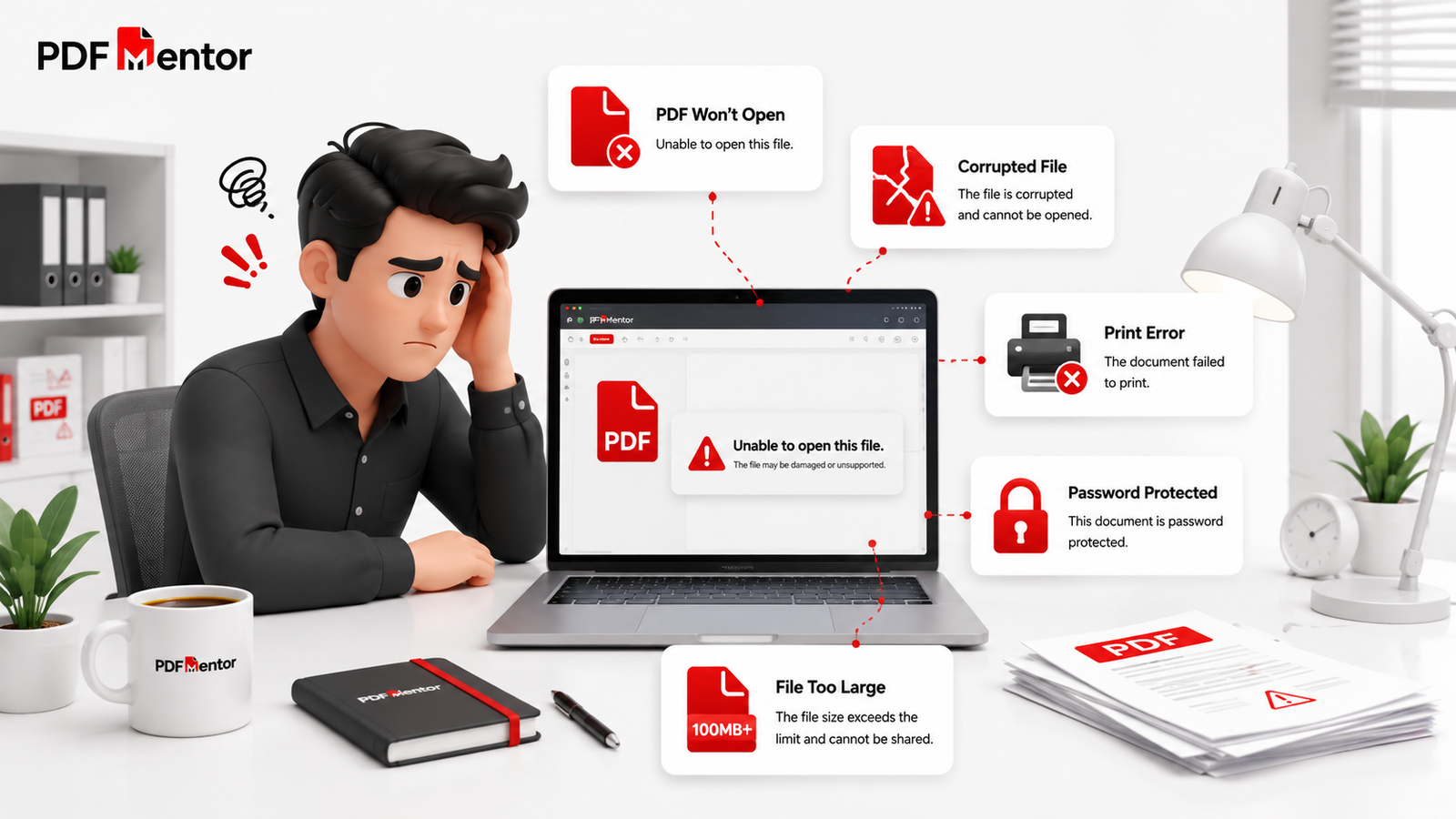 Illustration showing common PDF problems including files that won't open, print errors, corrupted documents, and password protection.