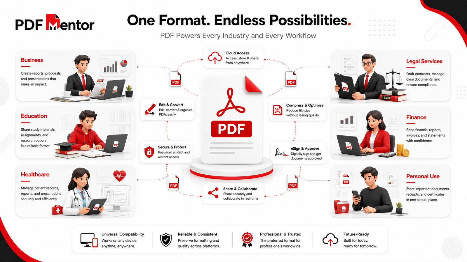 Illustration showing PDF documents being used in business, education, healthcare, legal services, and personal document management.