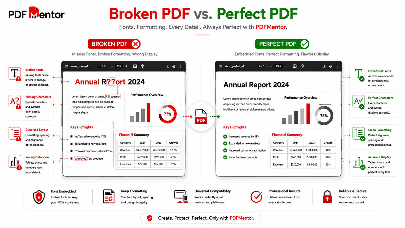 Comparison showing broken PDF fonts versus properly embedded fonts for consistent document formatting.