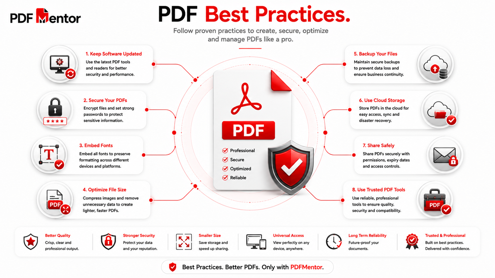 Infographic showing PDF best practices including security, compression, backups, updates, and safe document sharing.