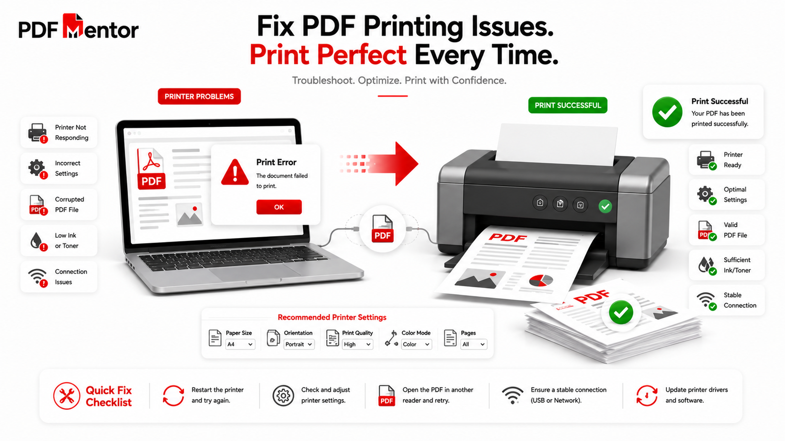 Illustration explaining PDF printing problems and solutions including printer troubleshooting and print as image settings.