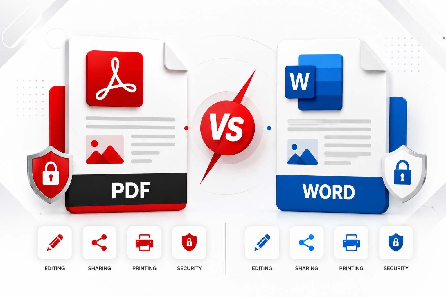 Side-by-side comparison of PDF and Microsoft Word documents with editing, sharing, printing, and security features.