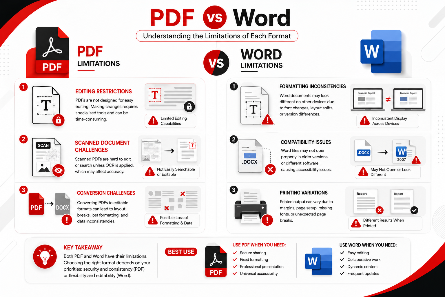 Comparison illustration showing the disadvantages of PDF and Microsoft Word documents.