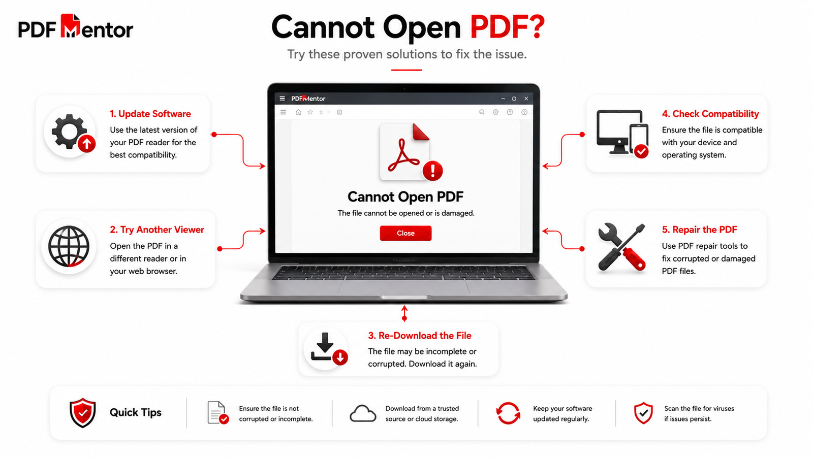 PDF won't open error with troubleshooting steps including software updates, browser viewing, and downloading the file again.