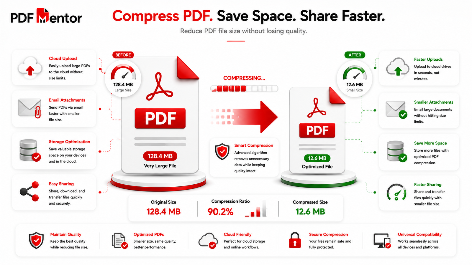 Large PDF file being compressed into a smaller optimized document for easier sharing and storage.