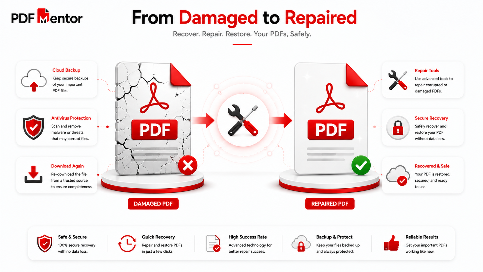 Corrupted PDF file being repaired using backup recovery, repair software, antivirus protection, and cloud storage.