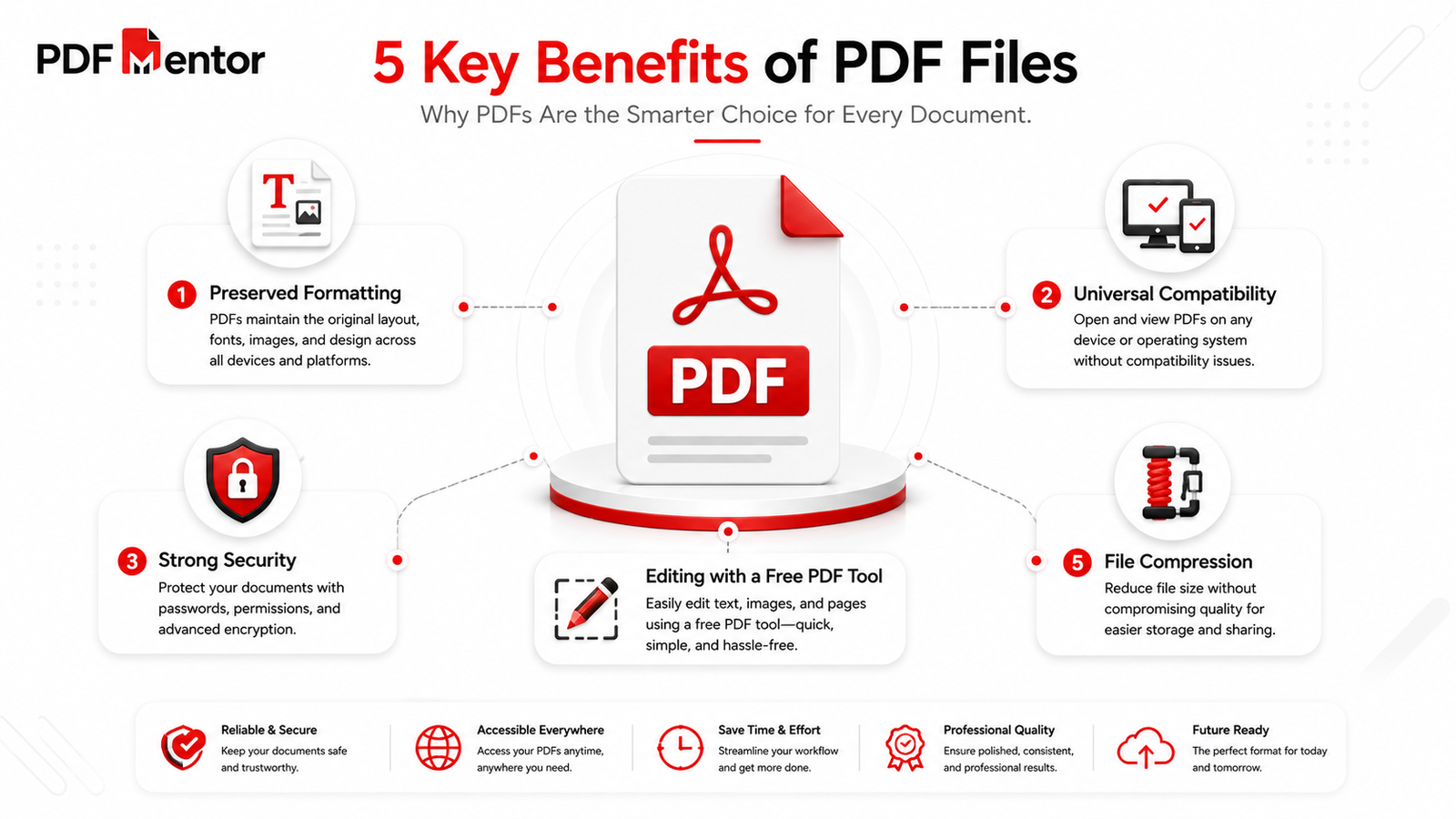 Top five benefits of PDF files including formatting preservation, compatibility, security, editing, and compression