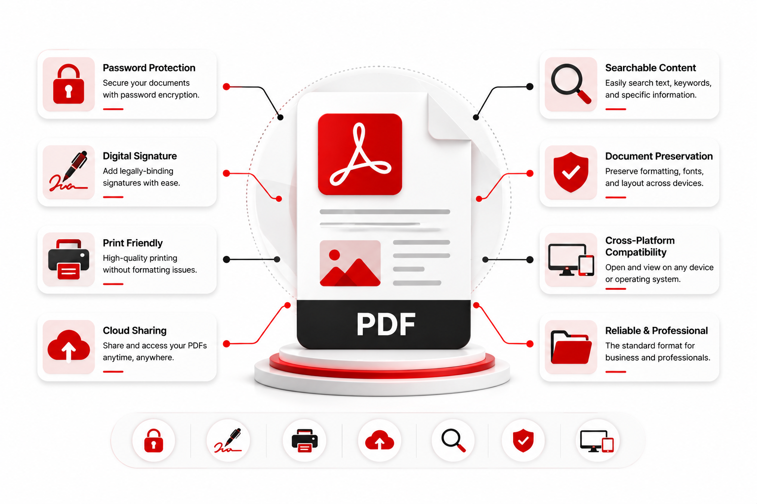 Illustration showing the main features of a PDF document including security, printing, digital signatures, and compatibility.