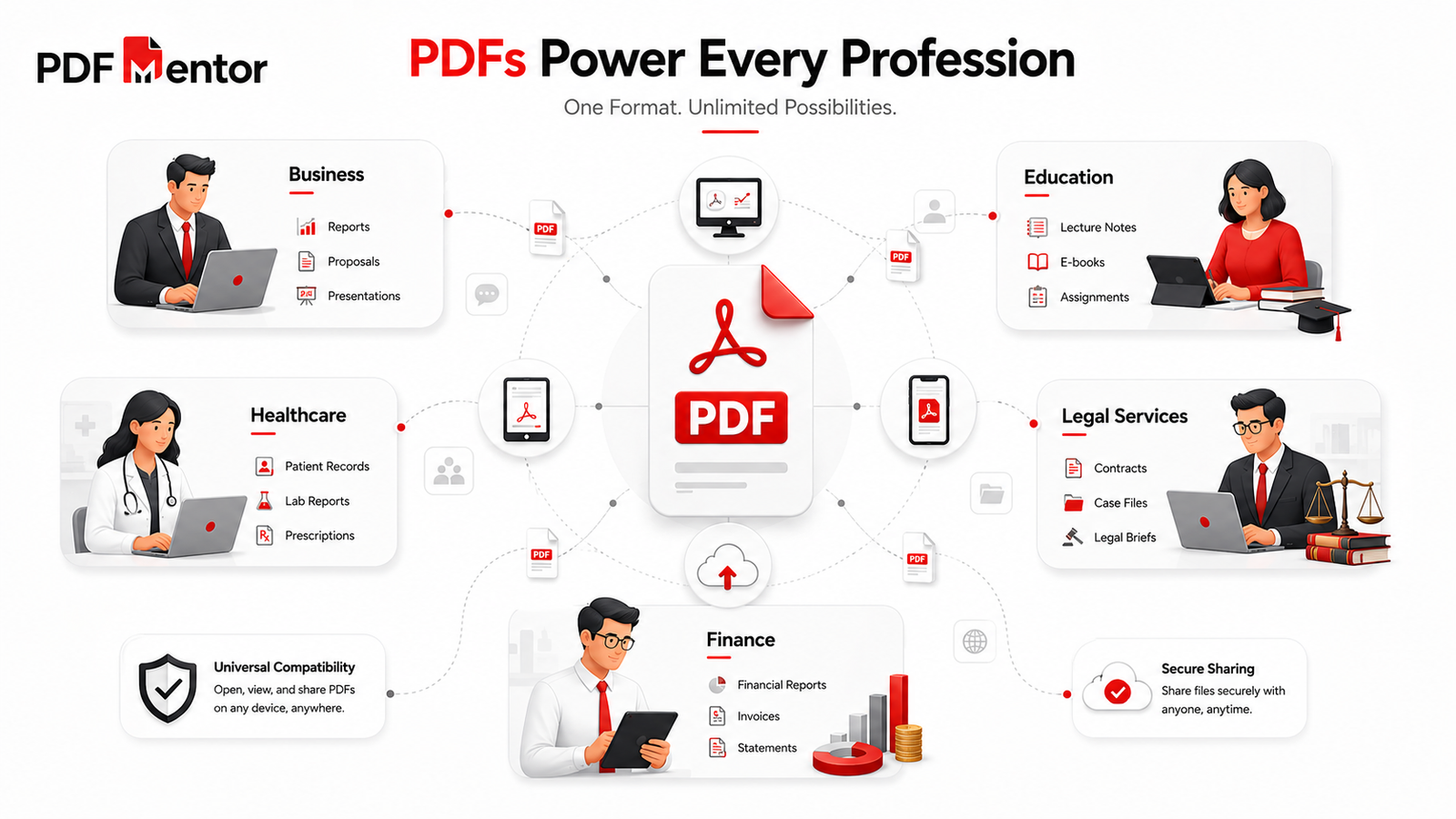 Professionals using PDF documents across business, education, healthcare, and legal industries