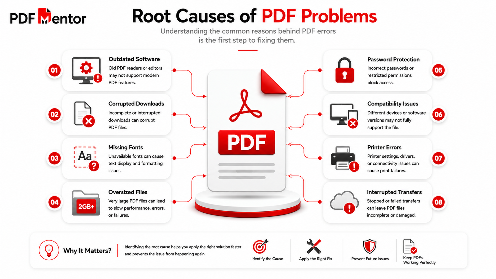 Infographic explaining why PDF problems happen, including outdated software, corrupted downloads, missing fonts, and compatibility issues.